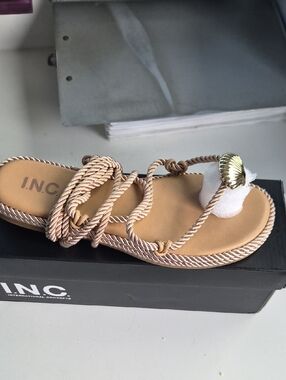 INC International Concepts Beige Rope Lace Sandal with Gold Shell Accent